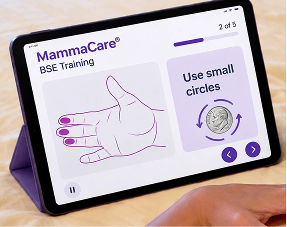MammaCare BSE Training app on a tablet showing a lesson step to use small circles